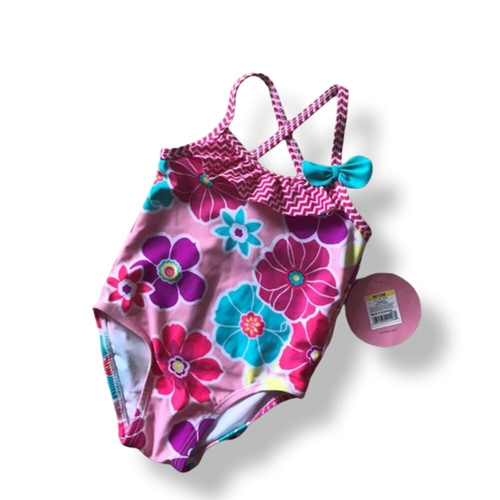 Circo Girls Swimsuit Size 6-12 Mo Pink Floral Flowers UPF 50+ Bathing Suit NEW